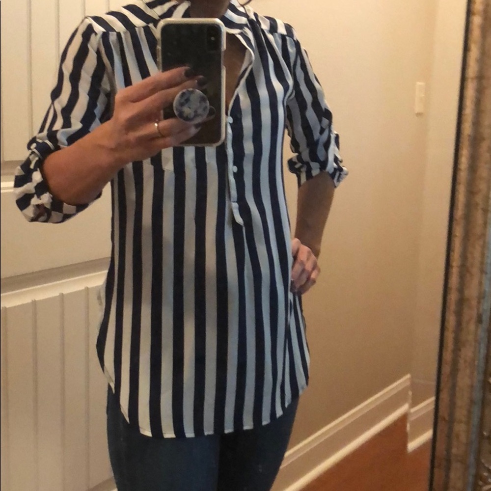 Navy and white striped shirt